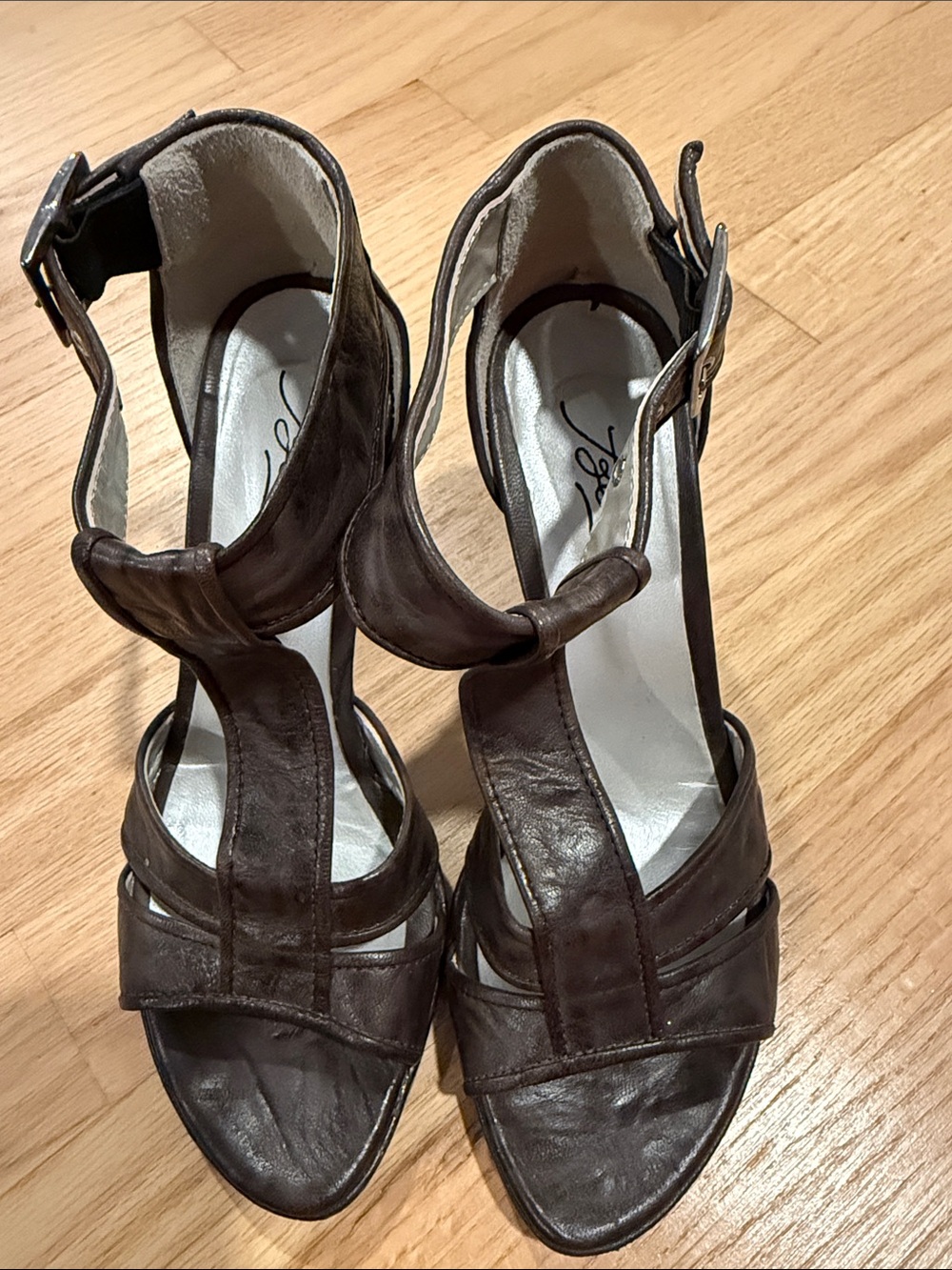 Belita Brown Leather T-Strap Heeled Sandals - Elegant Women's Dress Shoes